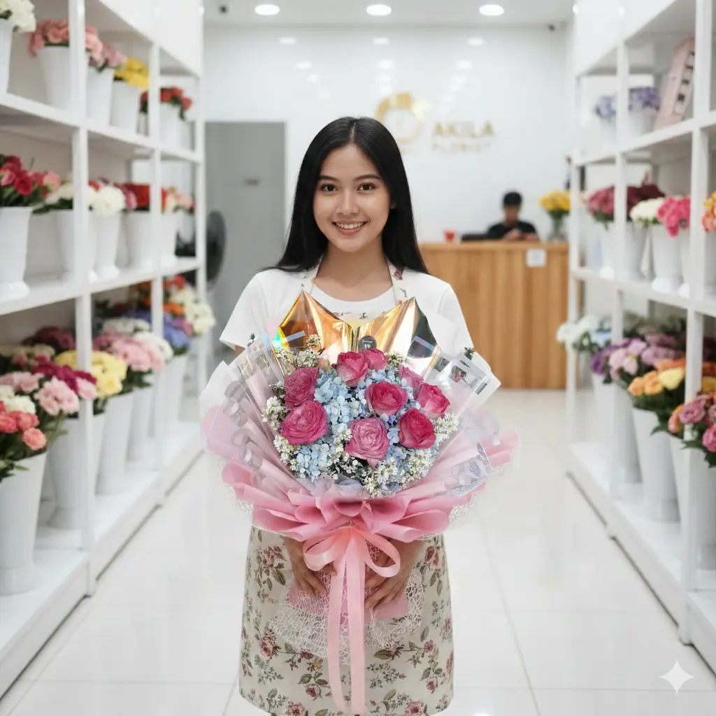 jual buket bunga mawar pink 10 tangkai dan Hydrangea fresh flower untuk acara lamaran di Purwokerto