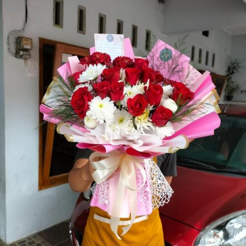 jual Buket bunga mawar merah fresh wrapping pink ukuran besar purwokerto
