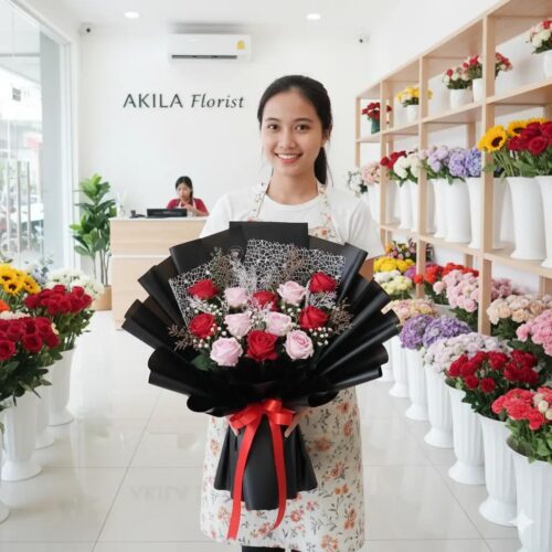 jual buket bunga mawar mix pink dan merah reddish pink untuk momen spesial anniversary dan ulang tahun purwokerto