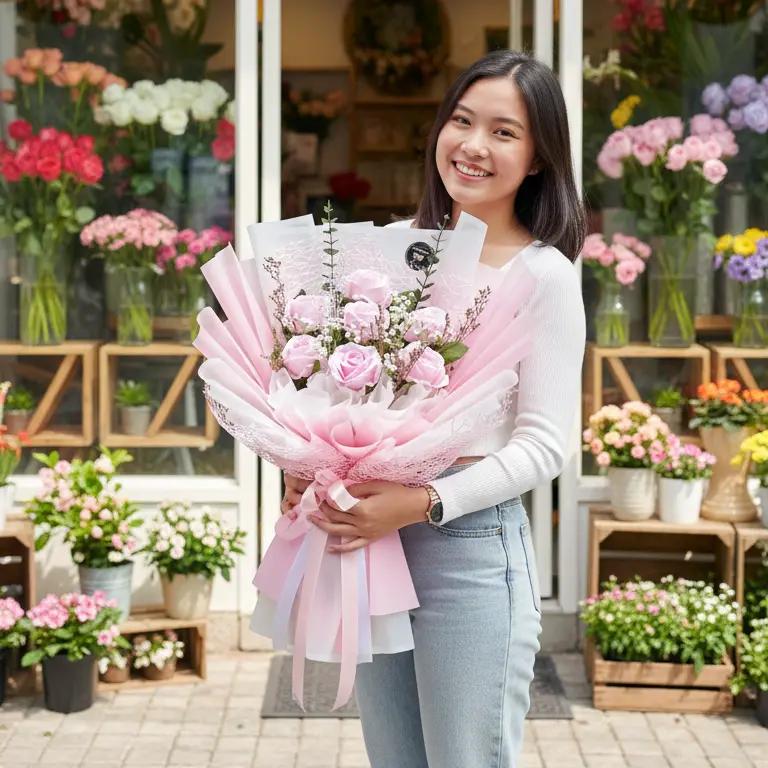 jual buket mawar pink untuk ulang tahun pacar tercinta kirim area purwokerto