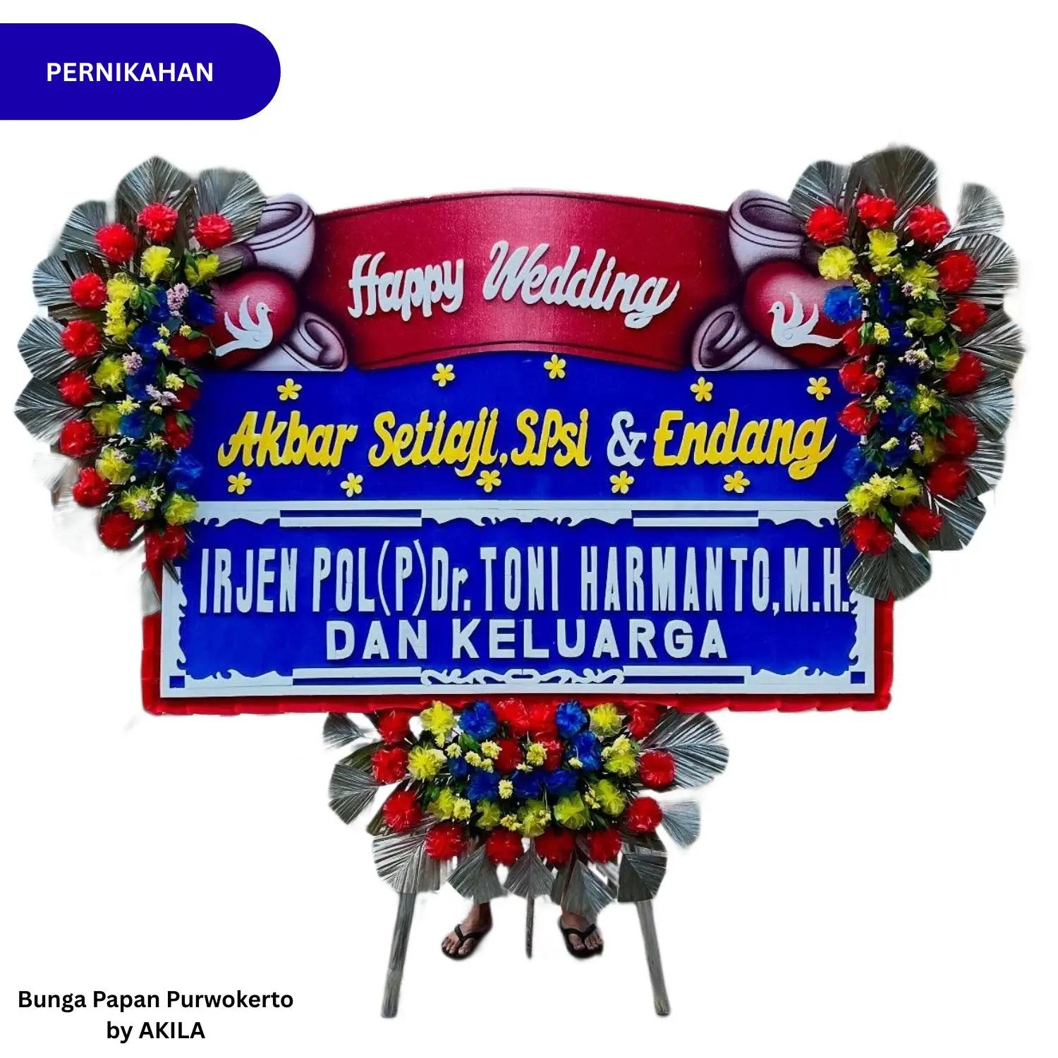 Jual Bunga Papan Pernikahan Purwokerto Endless Harmony Biru Merah 3 Jambul kirim ke rumah hajatan