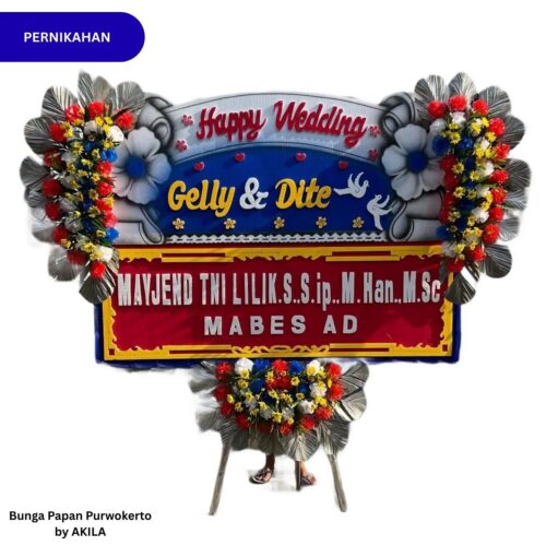 Bunga Papan Pernikahan Purwokerto Pure Covenant 3 Jambul Biru Merah Free ongkir ke acara wedding di Gedung Soetedja