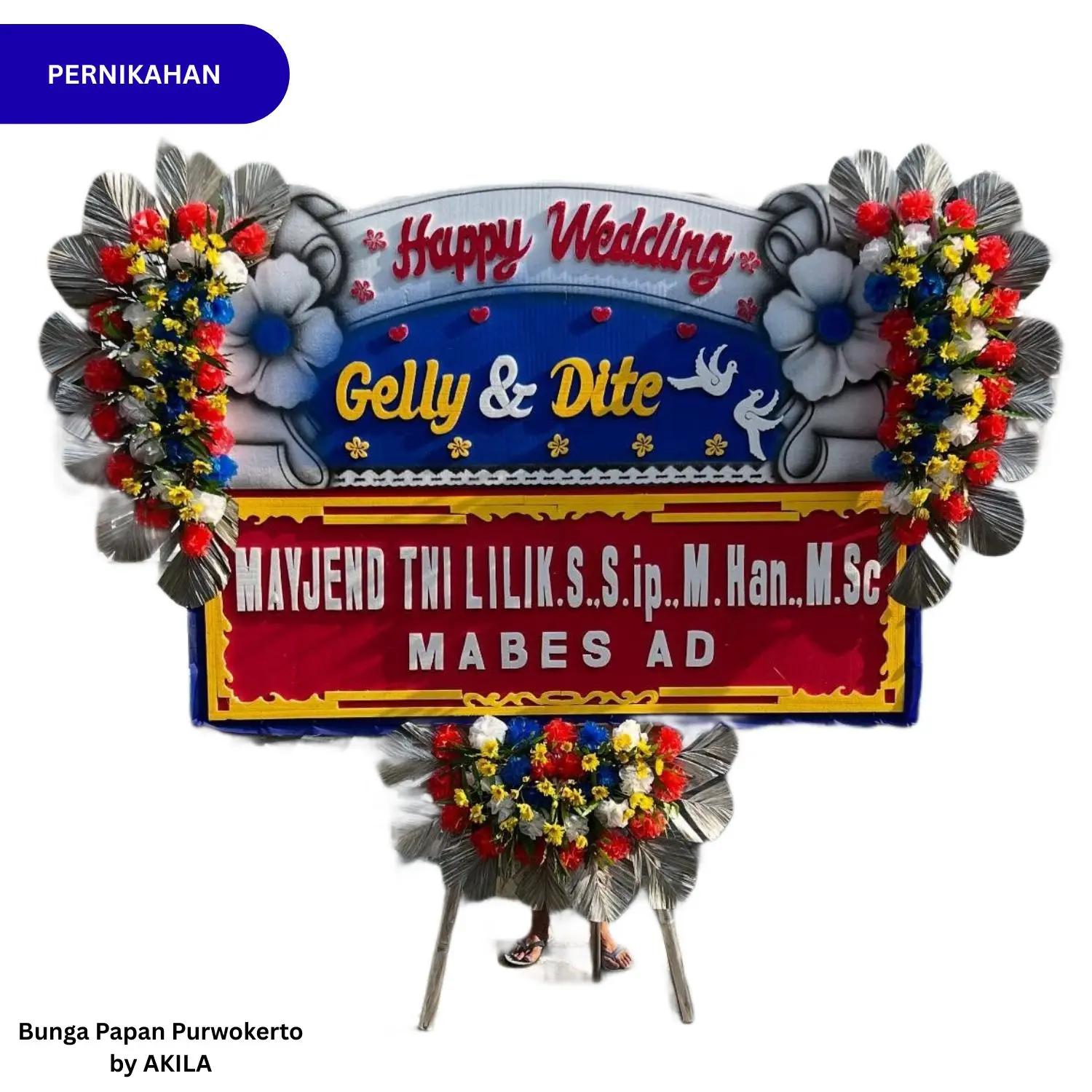 Bunga Papan Pernikahan Purwokerto Pure Covenant 3 Jambul Biru Merah Free ongkir ke acara wedding di Gedung Soetedja