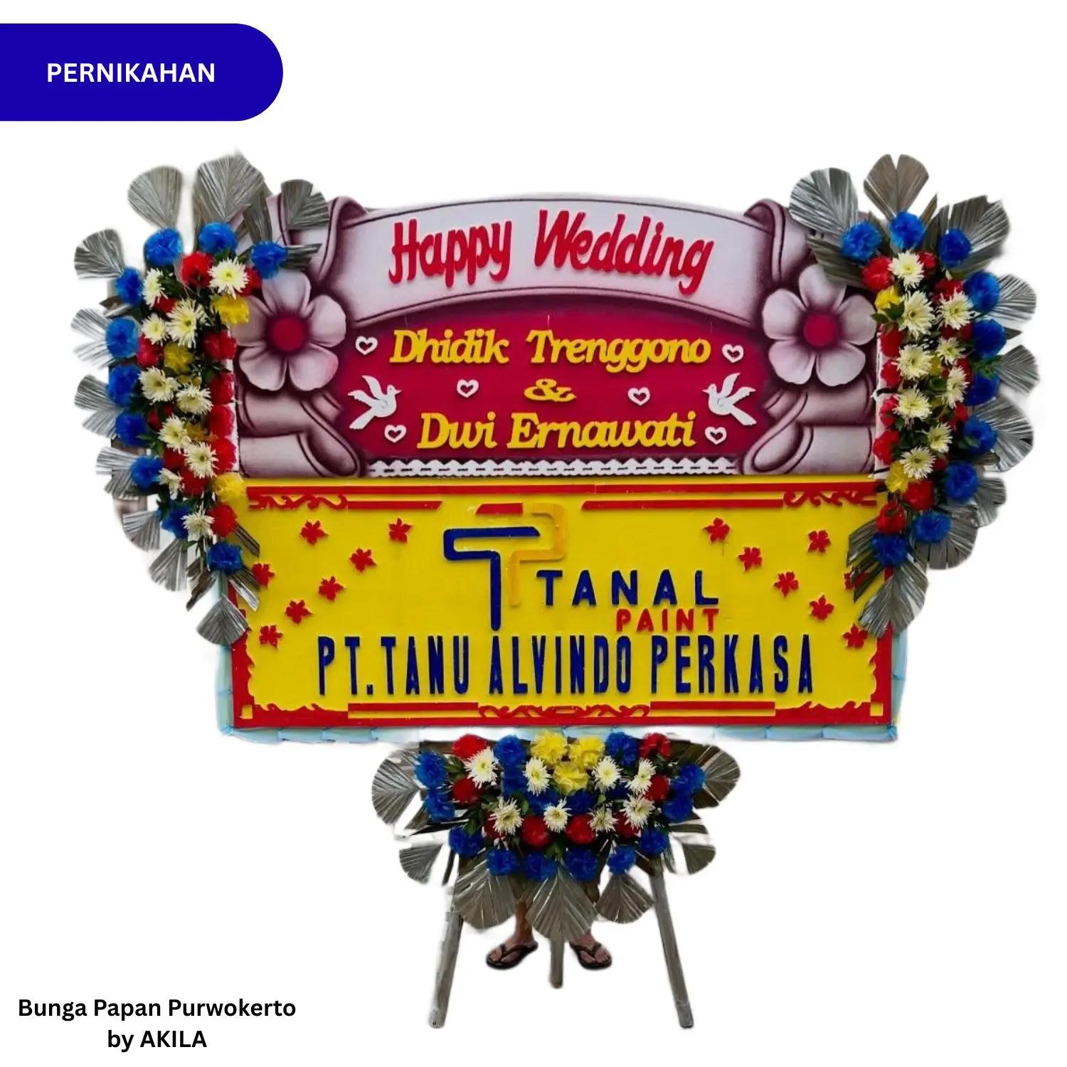 Bunga Papan Pernikahan Purwokerto Pure Covenant 3 Jambul Biru Merah Free ongkir ke acara wedding di Gedung Soetedja